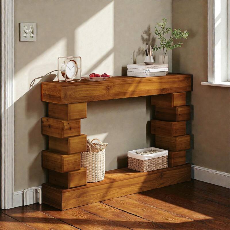 47" Geometric Block Stacked Wood Console Table with Warm Natural Finish, Modern Entryway & Living Room Accent Table