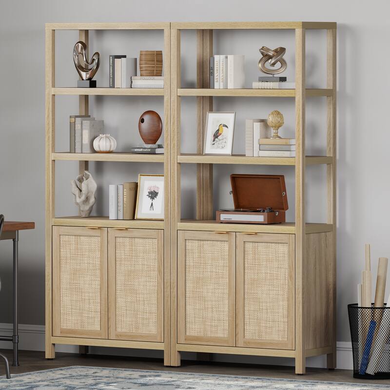 SICOTAS 5 Tier Adjustable Bookshelf with Rattan Storage Cabinet