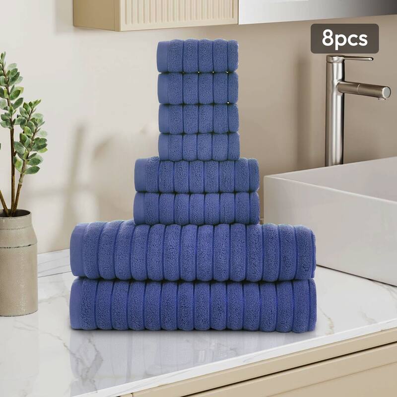 8 Piece Oversized Bath Towel Set, 100% Cotton Bath Towels, Highly Absorbant Bordered Towels - Navy