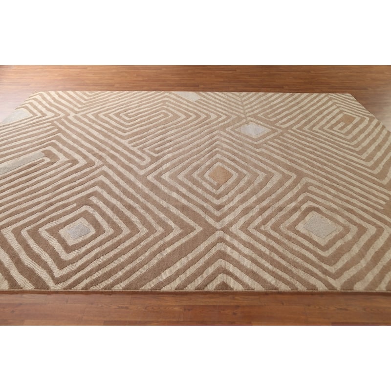 Geometric Modern Area Rug Hand-Knotted Oriental Wool Carpet - 8'11" x 11'8"