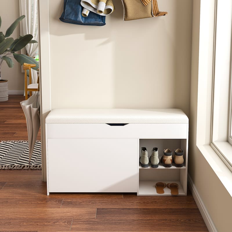 Anmytek White Entryway Storage Bench Flip Top Seat with Shoe Rack Mudroom Organizer Modern - White