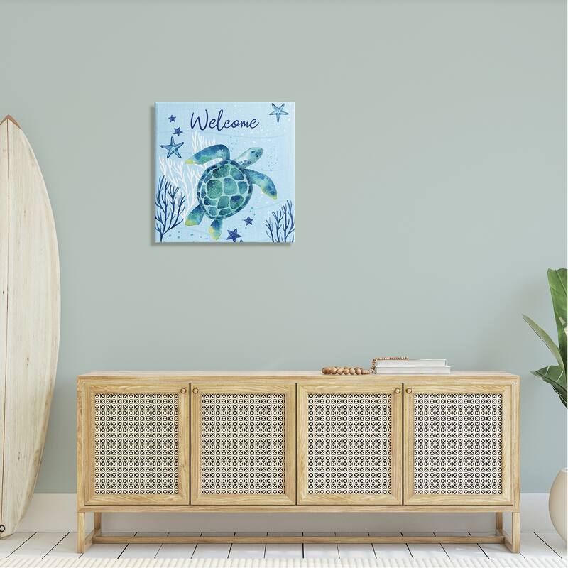 Stupell Welcome Sign Sea Turtle Swimming Ocean Life Canvas Wall Art, Design by Sharon Lee