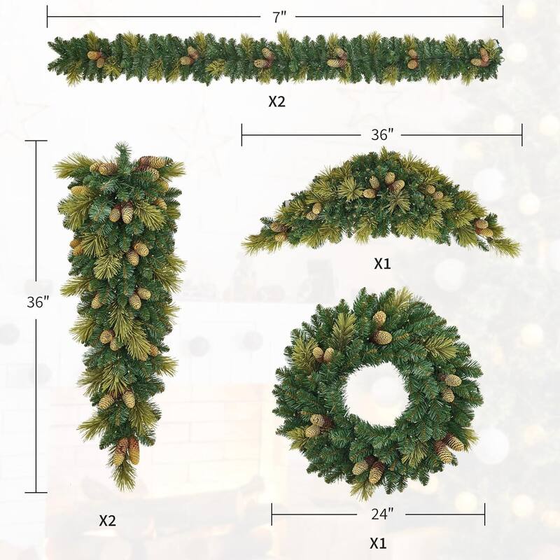 6-Piece Set Pre-Lit White LED Lights Holiday Christmas Garland, Wreath - N/A