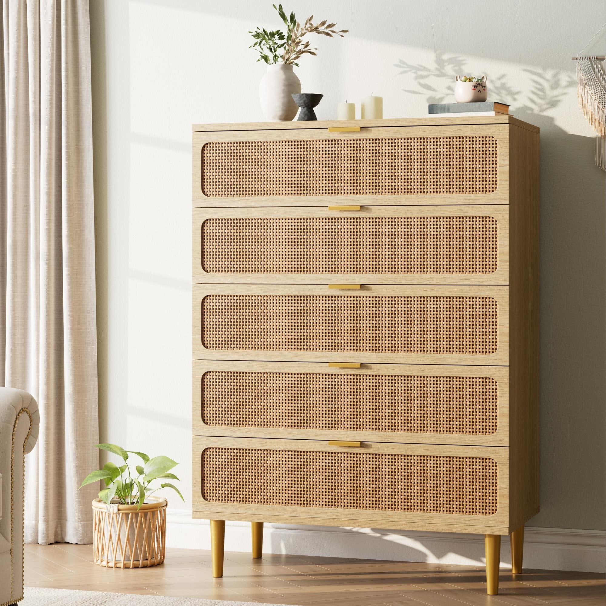 Natural Wood Rattan Dresser w/ 5 Deep Drawers, MDF Storage Cabinet