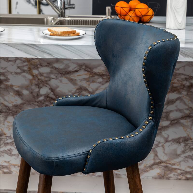 Nailhead Trim High Bar Stool, Faux Leather Bistro Counter Chair with Horn Backrest Kitchen Island Dining Chair, Set of 2