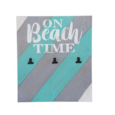 On Beach Time Picture Holder Coastal Plaque Wood Board Display Striped Coastal Nautical Beach Ocean 15.55 x 18.11 x 1.377