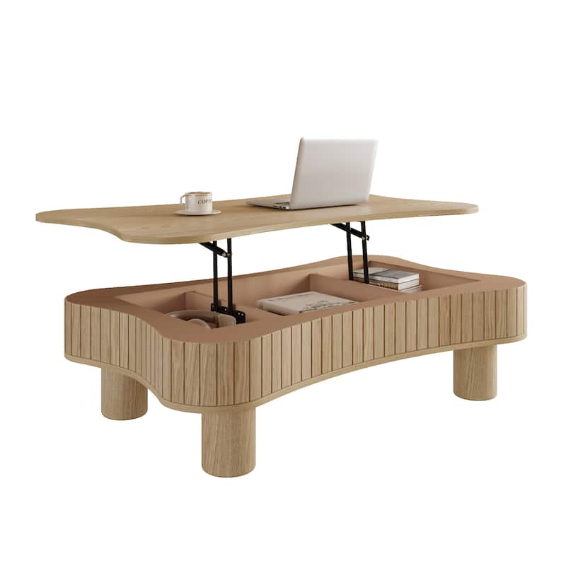 Lift Top Coffee Table for Living Room 42" Fluted Panel Hidden Storage, Silent Hydraulic Lift, Curved Safety Corners,Natural Wood
