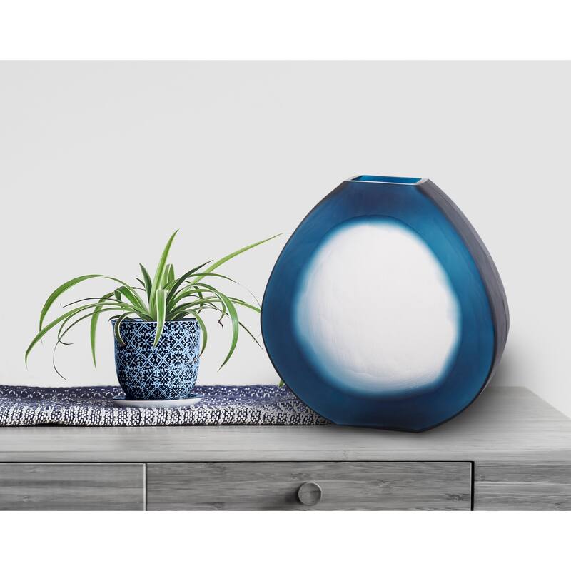 Allan Andrews Contemporary Frosted Sapphire Blue & White Glow Glass Vase - 10.5"H