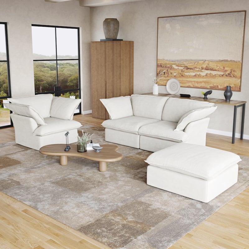 Minimalism Living Room Furniture Set Down Filled Comfort Overstuffed Modern Linen Sofa Loveseat, Chair and Ottoman - White