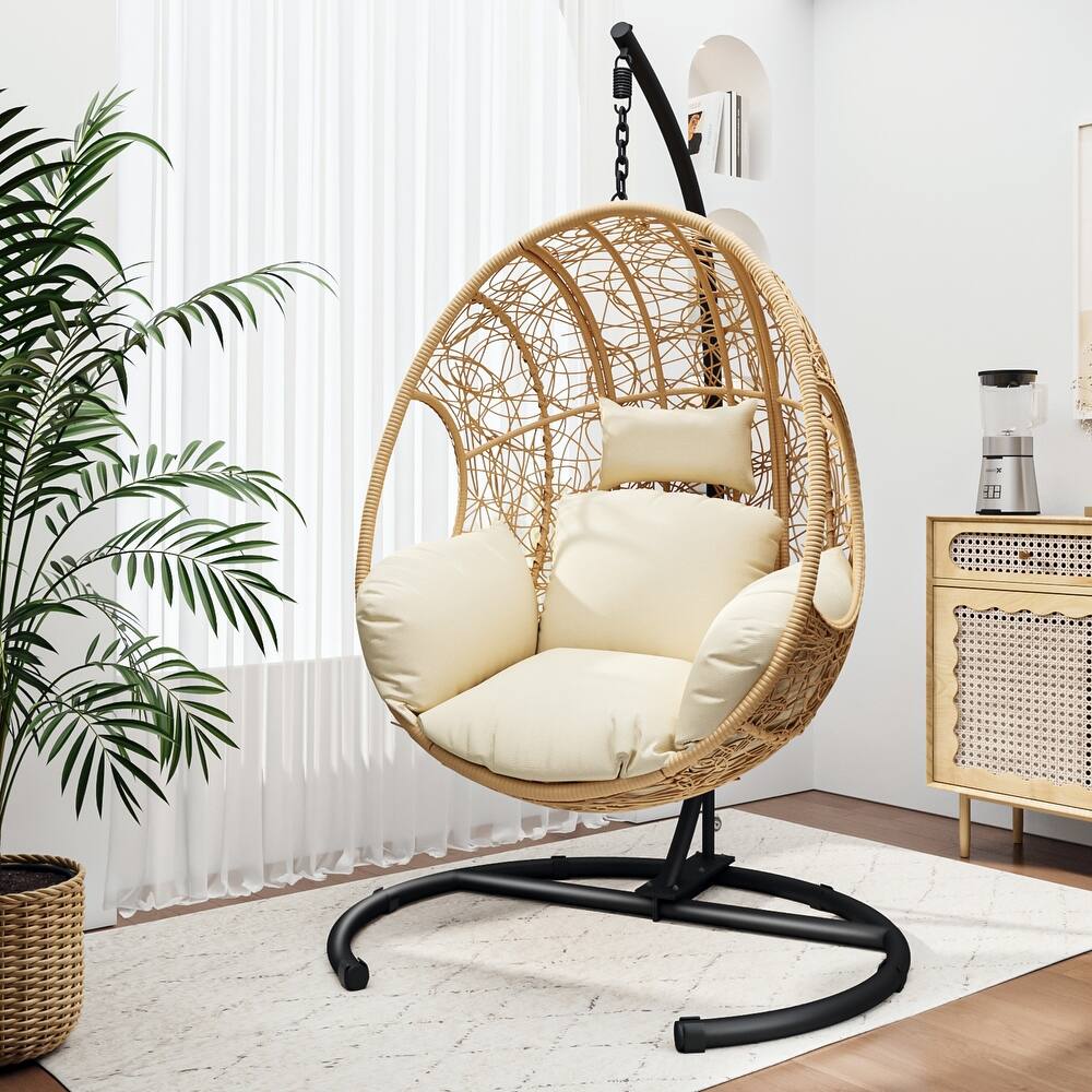 45.00 in. 1-Person Wicker Hanging Porch Swing with Natural Cushions.