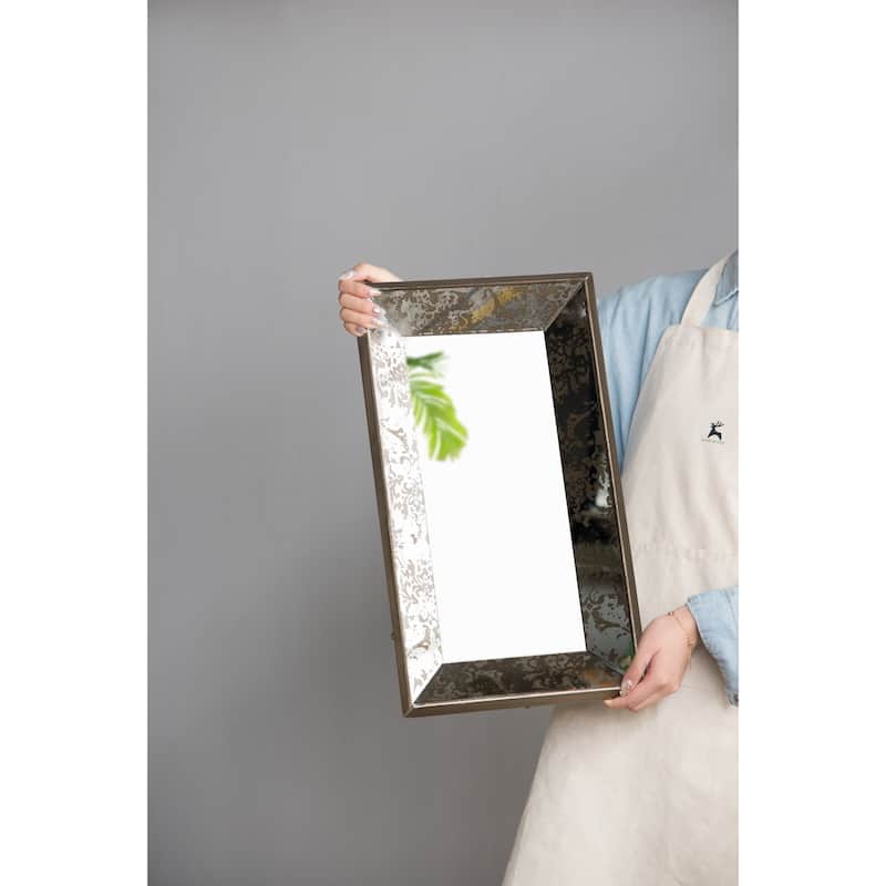 24" x 15" Antique Silver Rectangle Mirror with Floral Accents, Mirrored Display Tray, Hanging Wall Mirror - Silver