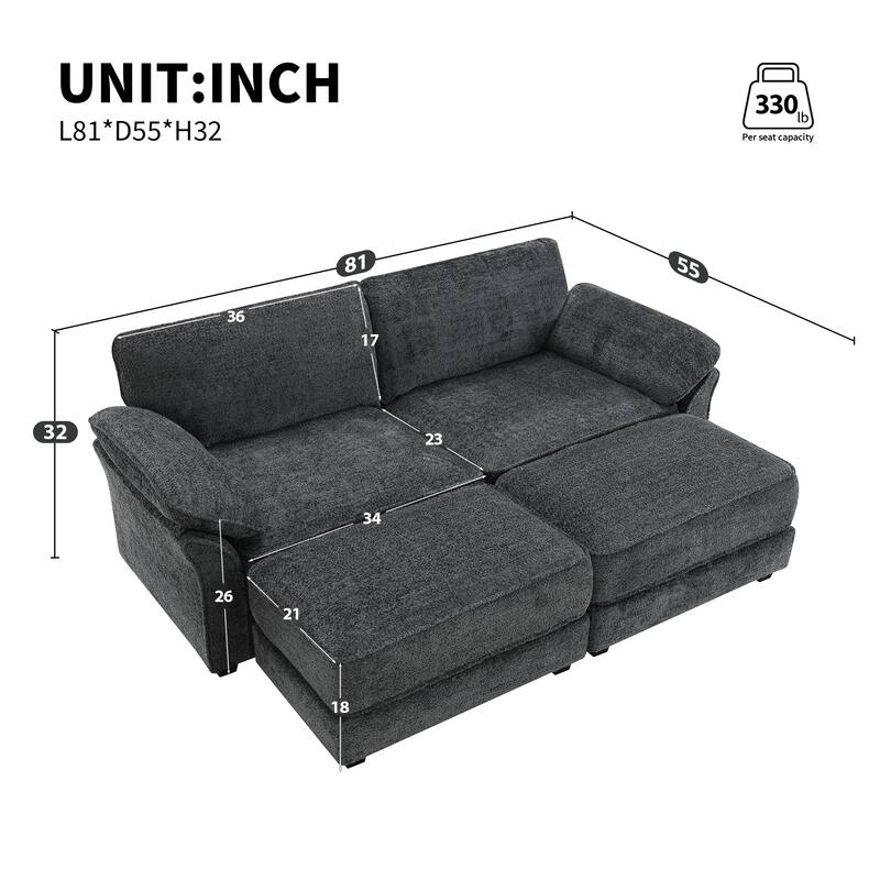 4 Seat Gray Chenille Modular Convertible Sectional Sofa Bed Set, 81x55x32 inches, 143 lbs