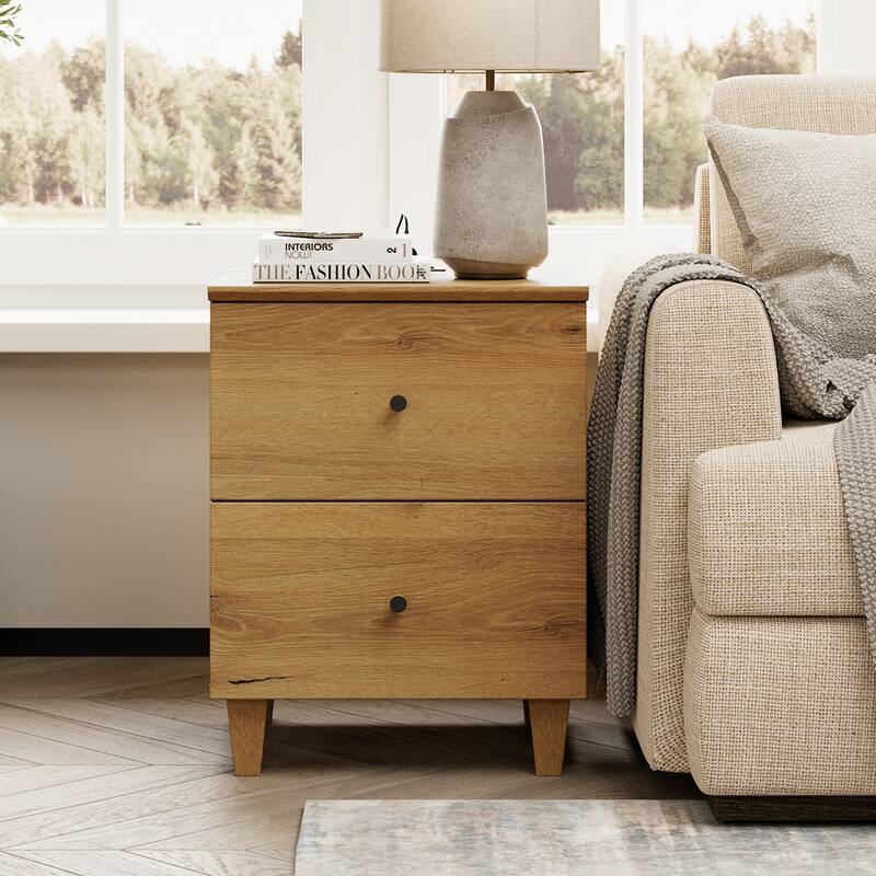 WAMPAT End Table with Charging Station and 2 Drawer for Living Room - 1 PCS - Oak Brown