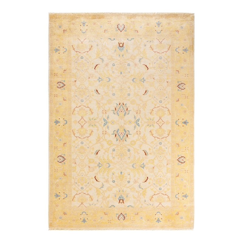 Overton Handknotted Wool Contemporary Floral Ivory Area Rug - 6' x 9' - Ivory - 6' x 9'