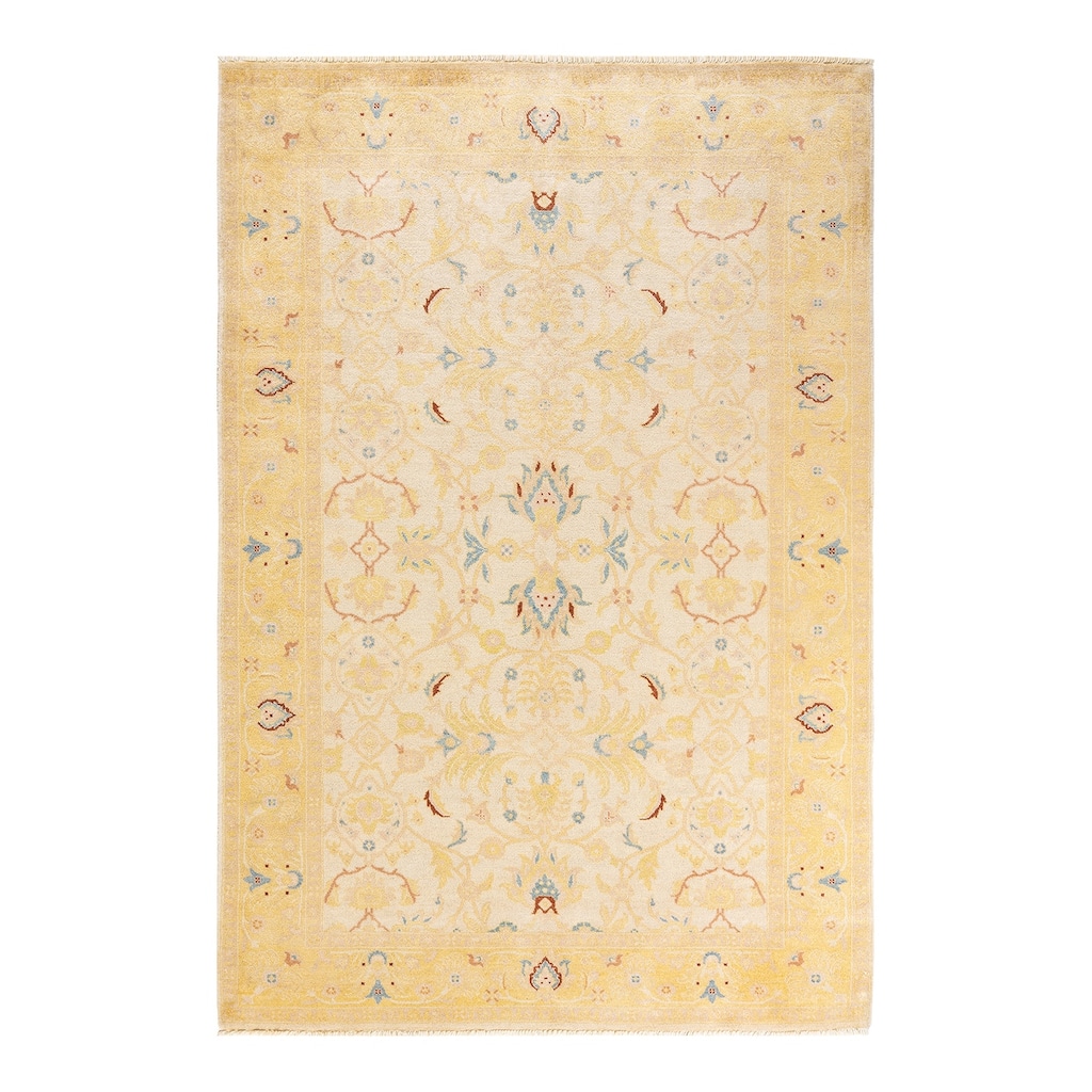 Overton Handknotted Wool Contemporary Floral Ivory Area Rug - 6' x 9'