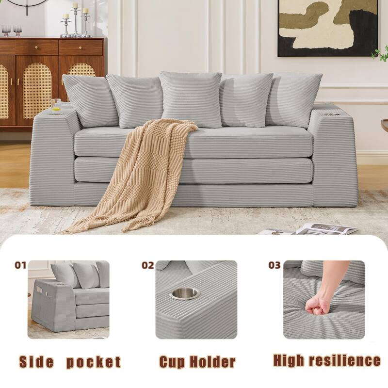2 in 1 Convertible Sofa Bed, Sleeper Sofa with Storage Pockets, Pull Out Loveseat Couch with Two Cup Holders