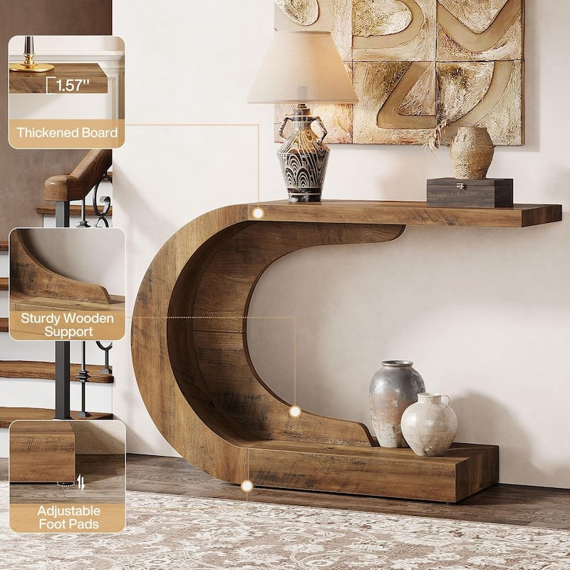 43.3" C-Shaped Console Table, Mid-Century Modern Wood Entryway Hallway Table