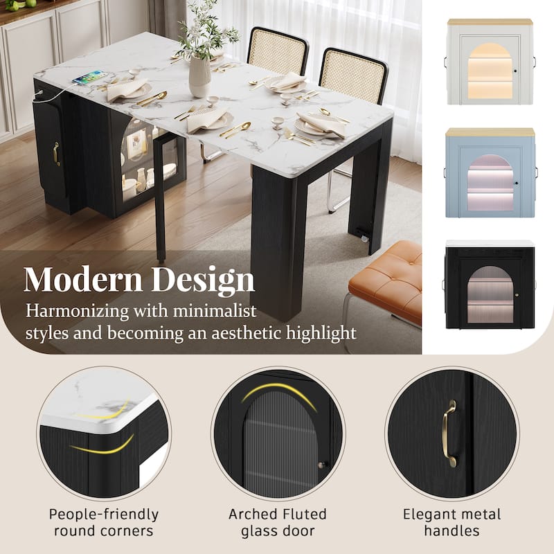 Extendable Dining Table with 3 Removable Middle Leaves,Mobile Rolling Table with Power Outlet,Saving-space Cabinet with Storage