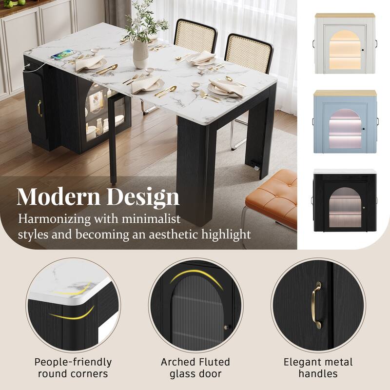 Extendable Dining Table with Removable Leaves, Rolling Kitchen Island with Power Outlet, Sideboard Cabinet with Storage