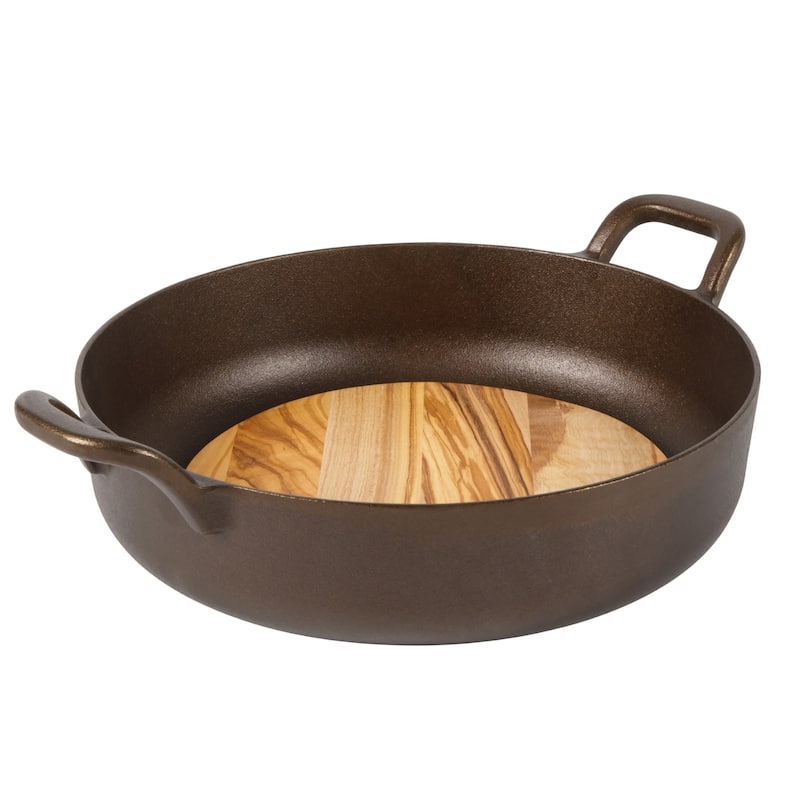 Bloomhouse Natural Bronze Finish Pre-seasoned Cast Iron Grill, Everyday Pan, Skillet & Olive Wood Trivet