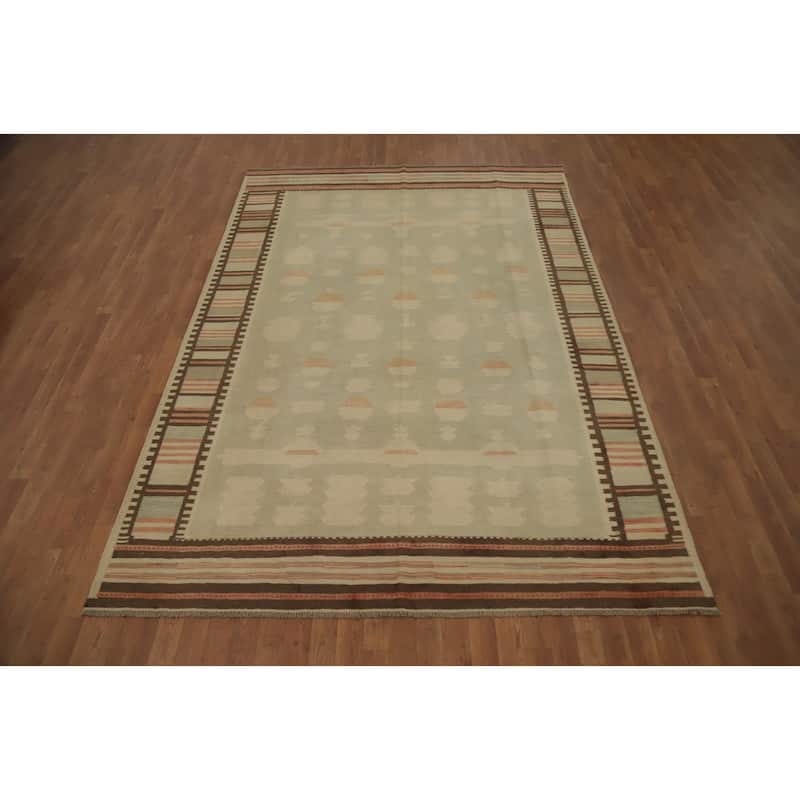Hand Woven Oriental 100% Wool Carpet Southwestern Tribal Green Kilim Area Rug - 9' 9'' X 6' 8''