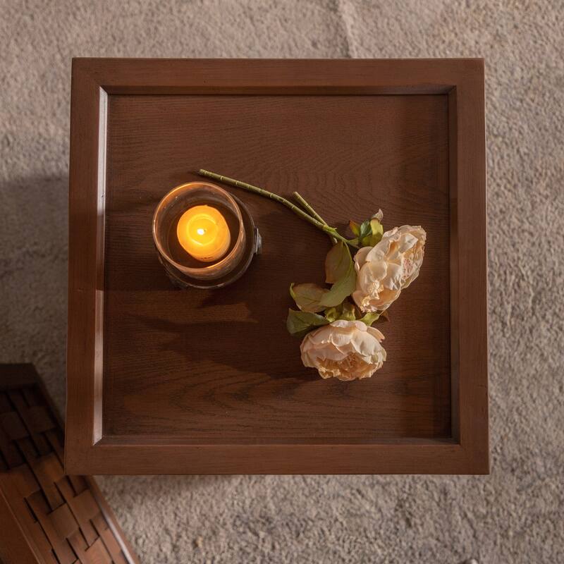Unique Square Wood Grain Coffee Table with Hidden Storage and Grid Lines Design, Farmhouse Solid Wood Storage Side Table