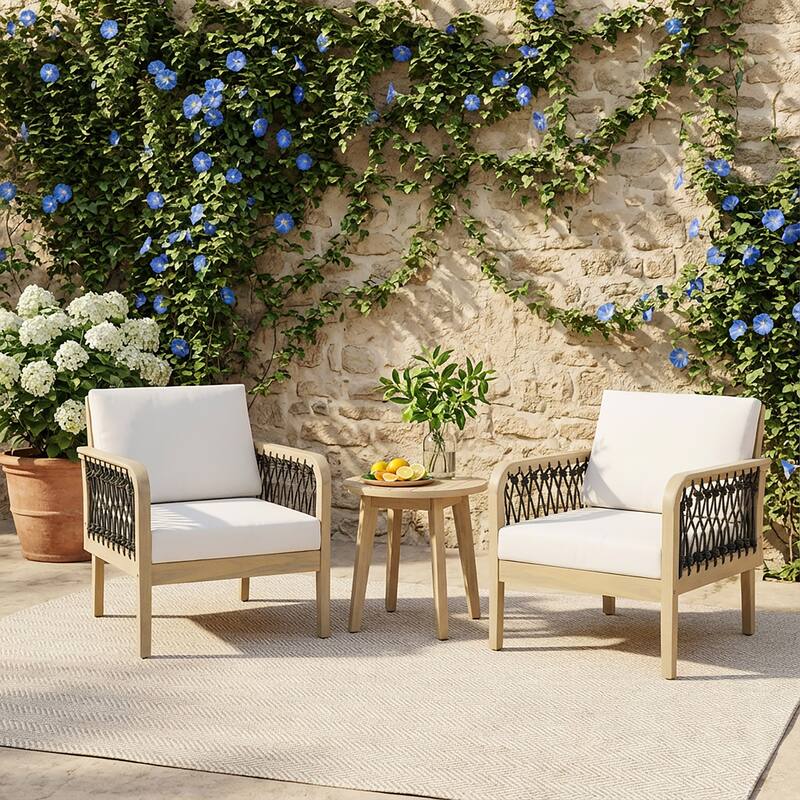 Christopher Knight Home - Outdoor Patio 28.94" Acacia Wood Club Chair with Handwoven Rope Panels and Cushions - Set of 2 - Cream,Dark Gray,Light Teak finish