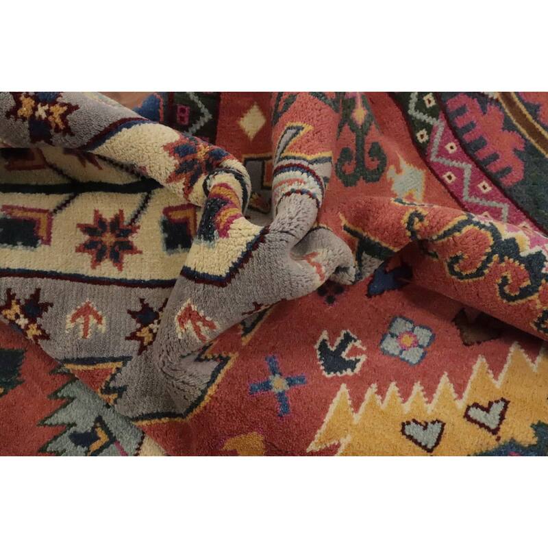 Hand Knotted Oriental 100% Wool Carpet Traditional Geometric Oranges & Rust Kazak Area Rug - 11' 10'' X 9' 0''