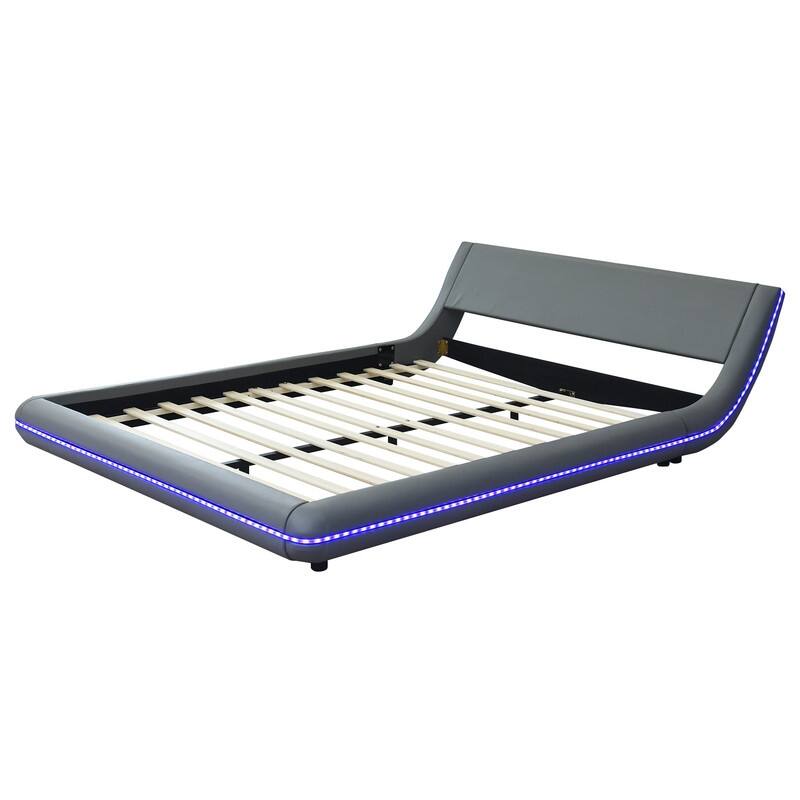 Queen Low Profile Bed with Sloped Headboard, Upholstered Platform Bed