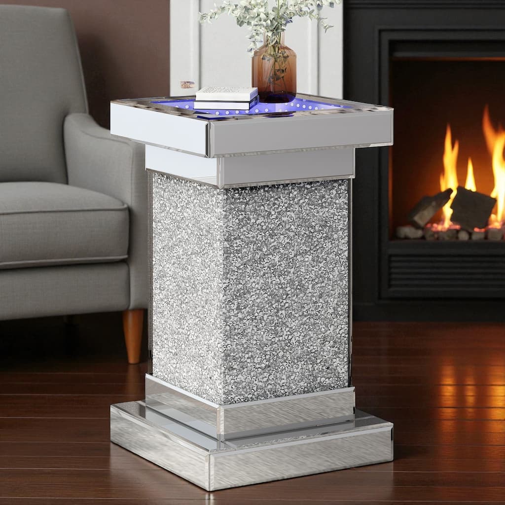 11.8'' Silver Mirrored End Table with LED Lights, Modern Square Side Table with Crushed Diamond for Living Room
