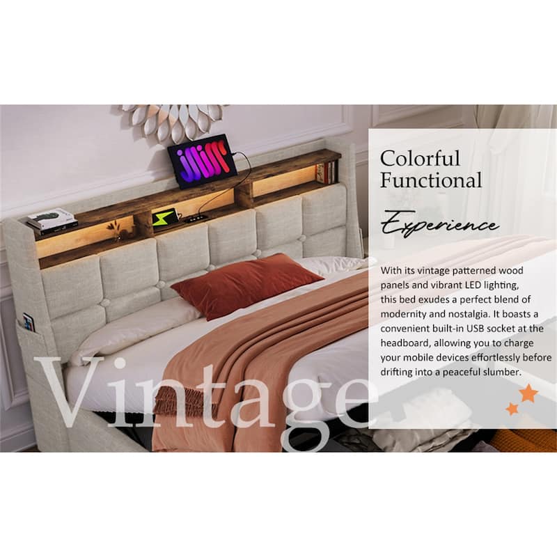 Queen size Upholstered Platform bed with Storage (Without Mattress)