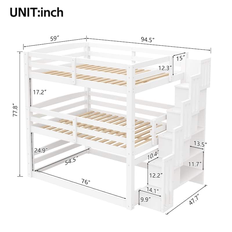 Separate Design Triple Bunk Bed with Storage Staircase, Converts to Bunk Bed and Platform Bed