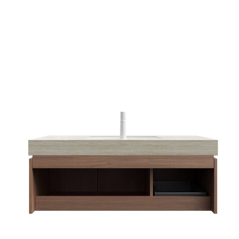 GDFStudio - Muri Modern 48" Floating Bathroom Vanity with Roma Travertine-Pattern Countertop & Basin, WITHOUT Faucet