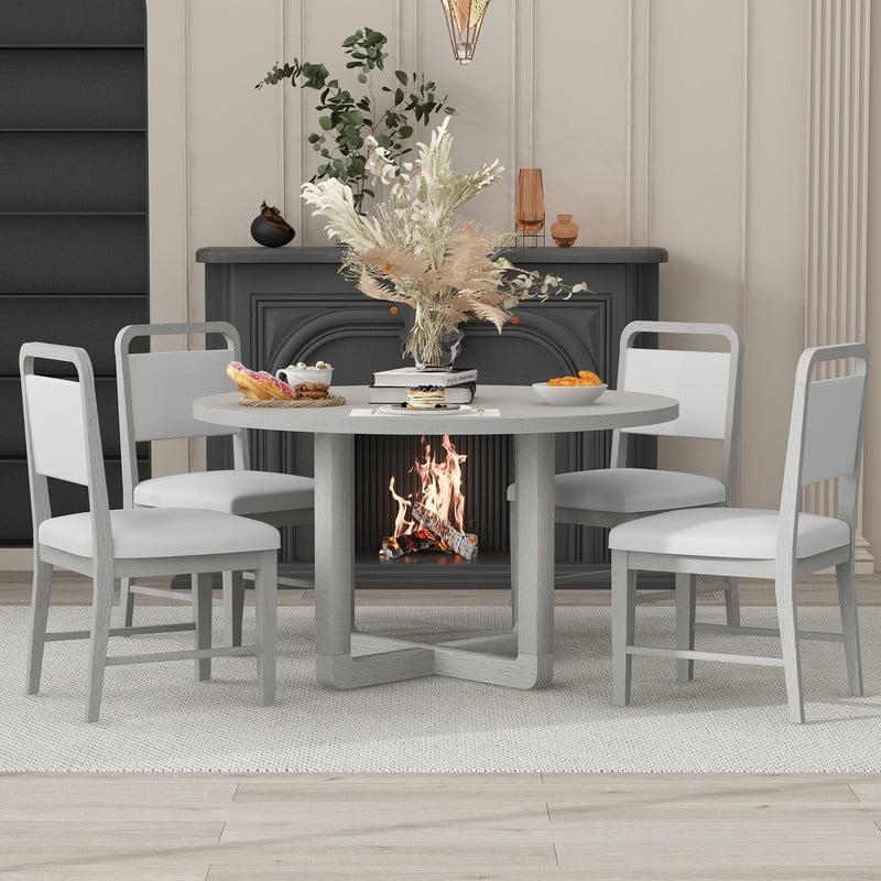 5-Piece Round Dining Table Set for 4 with Upholstered Chairs, Wood Dining Table Set with Radial Wood Grain Design Top