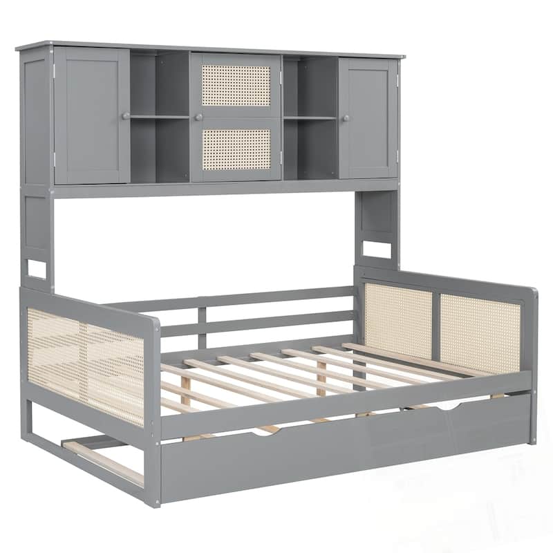 Wooden Daybed With Twin Size Trundle and All-in-One Cabinet and Shelf
