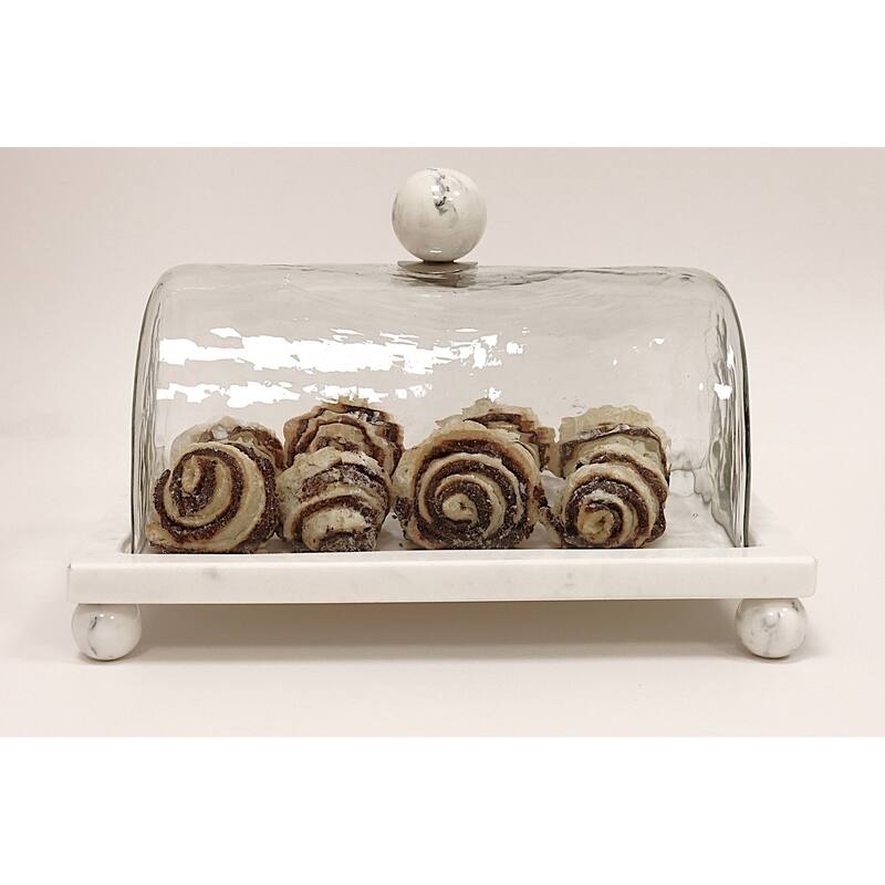 Marble Cake Plater with Glass Cover with Clear Ball Knob - 10.4"L