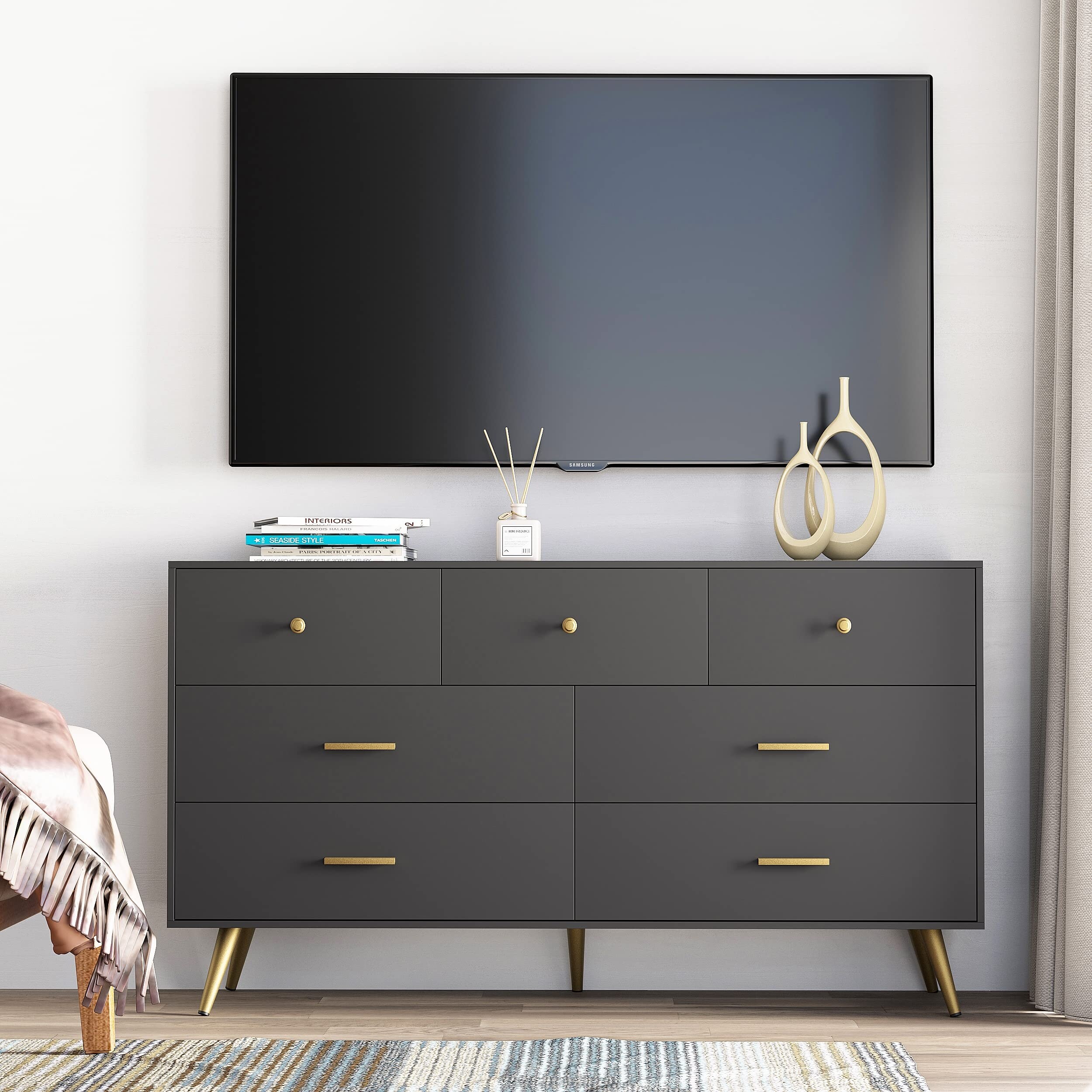 7 Drawer Dresser for Bedroom, Modern Black Wood Dresser with Wide Drawers  and Metal Handles, Long Chest of Drawers - Bed Bath & Beyond - 38196049