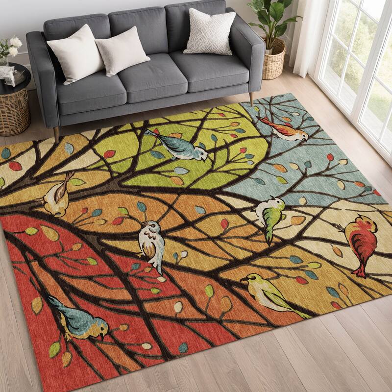 Machine Washable Indoor/ Outdoor Bird Mosaic Chantille Rug