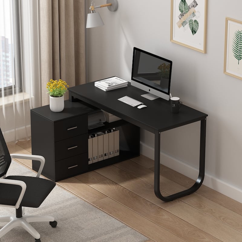 3-Drawer L-Shape Executive Desk Computer Tables With Storage Cabinet - Black
