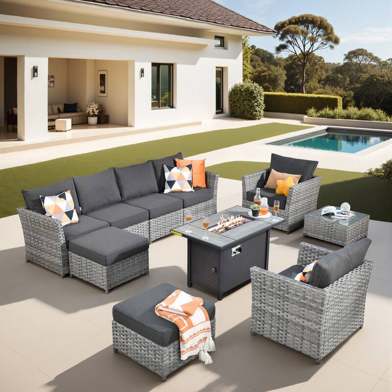 XIZZI 10-piece Patio Furniture Outdoor Sectional Sofa Set with Fire Pit - Black