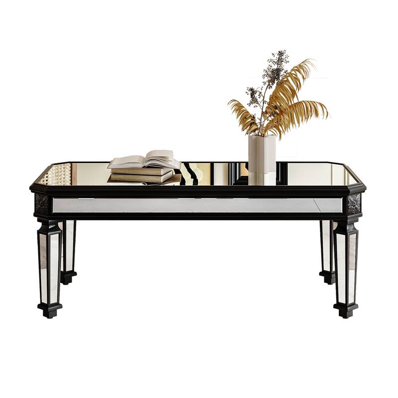 Roomfitters 48" Mirrored Coffee Table, Black Carved Wood Center Table, Rectangle Glass Tea Table for Living Room, Silver