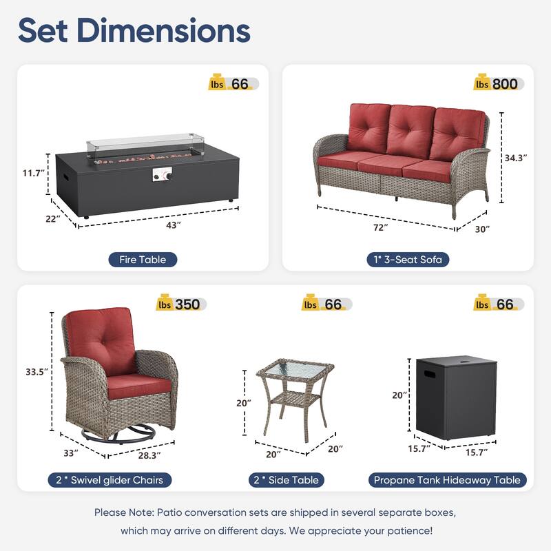 Pocassy Outdoor 5-Piece Sofa Swivel Chair with Fire Pit Table