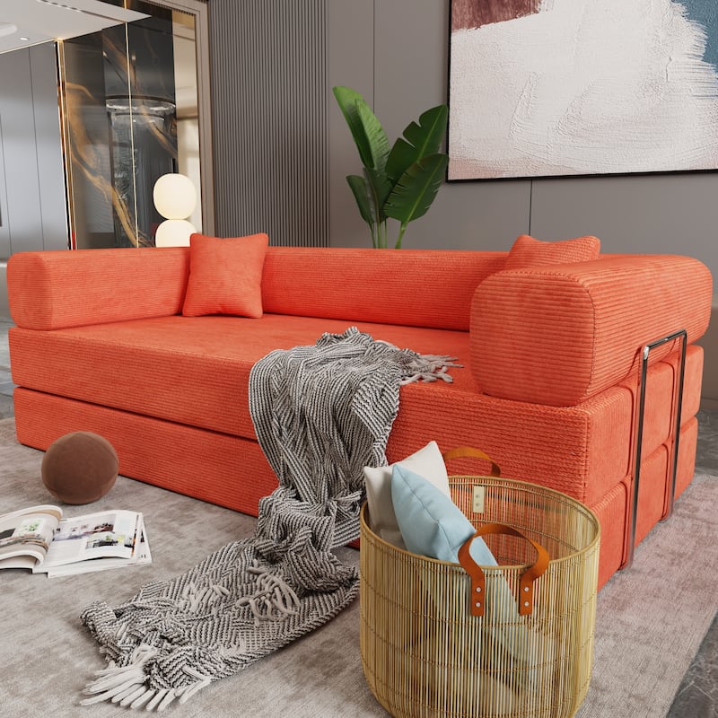 79" Tangerine Corduroy & Foam Double Sofa Bed with Soft Pillows