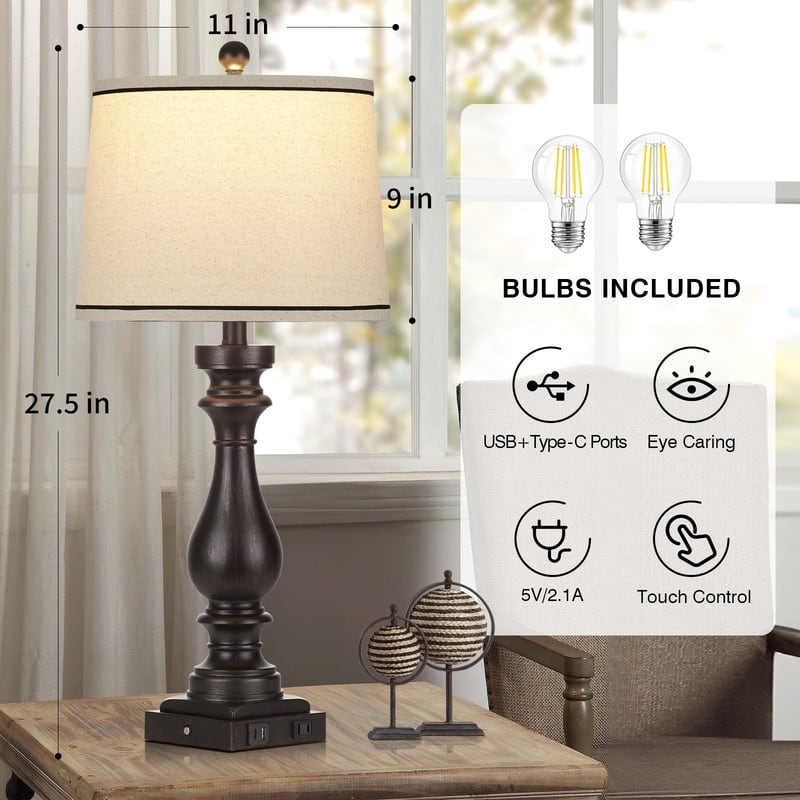27.5'' Traditional USB Table Lamps with Type-C Port Bedside Lamps with 3-Way Dimmable Touch Control (Set of 2)