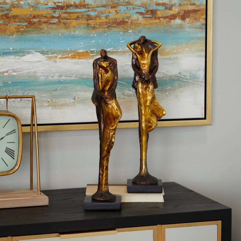 Polystone People Sculpture - Set of 2 Bronze - Roche River Decor - 4"W x 4"L x 17"H