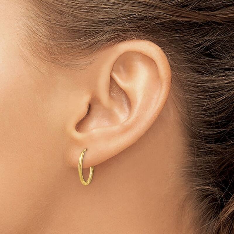 Curata 14k Yellow Gold Polished Hollow Tube Satin and Sparkle Cut Endless Hoop Earrings - 14x14mm