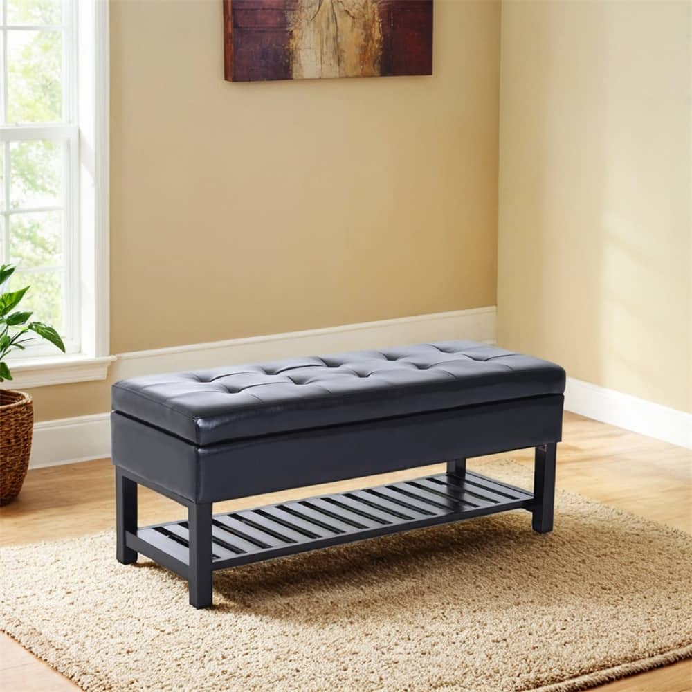 44" Tufted Faux Leather Ottoman Storage Bench With Shoe Rack - Black