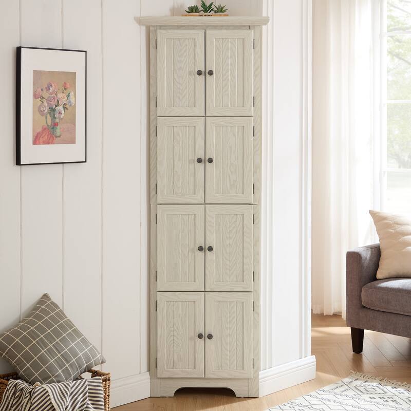 GDF Studio - Farmhouse Corner Cabinet Tall 4-Tier Storage Pantry with 8 Doors.