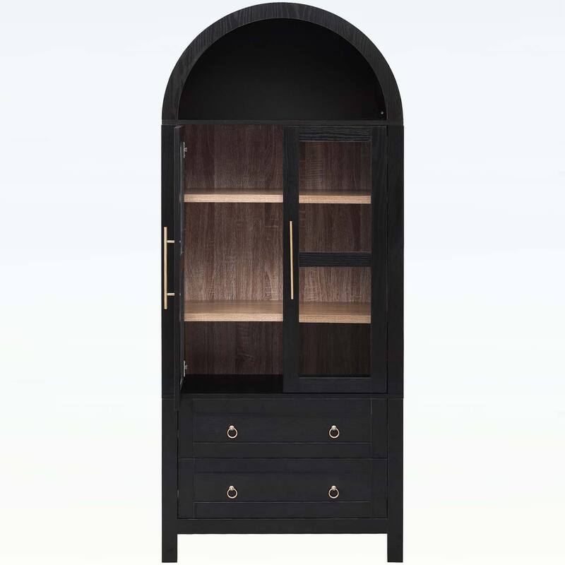 71 Inch Tall Cabinet with 2 Large Drawers,Adjustable Shelves,and Glass Doors for Modern Farmhouse Storage