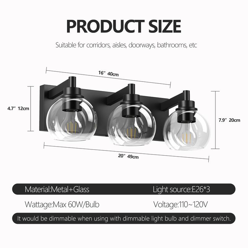 Bathroom Vanity Light,Modern 3-Light Bathroom Lighting Fixtures Over Mirror with Clear Glass Shade and Metal Base - Black